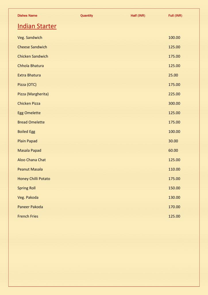 Restaurant Menu Page 1